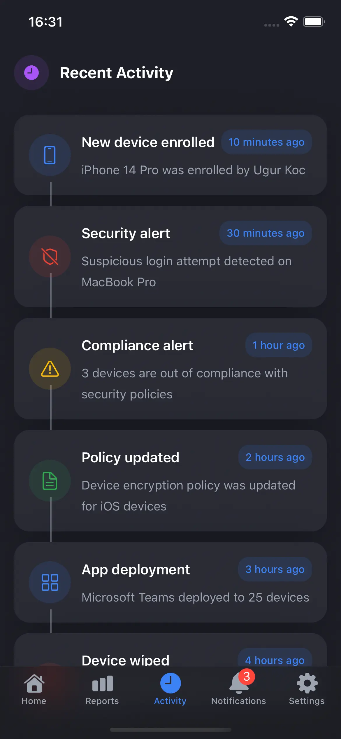 IntuneRemote Activity Screen