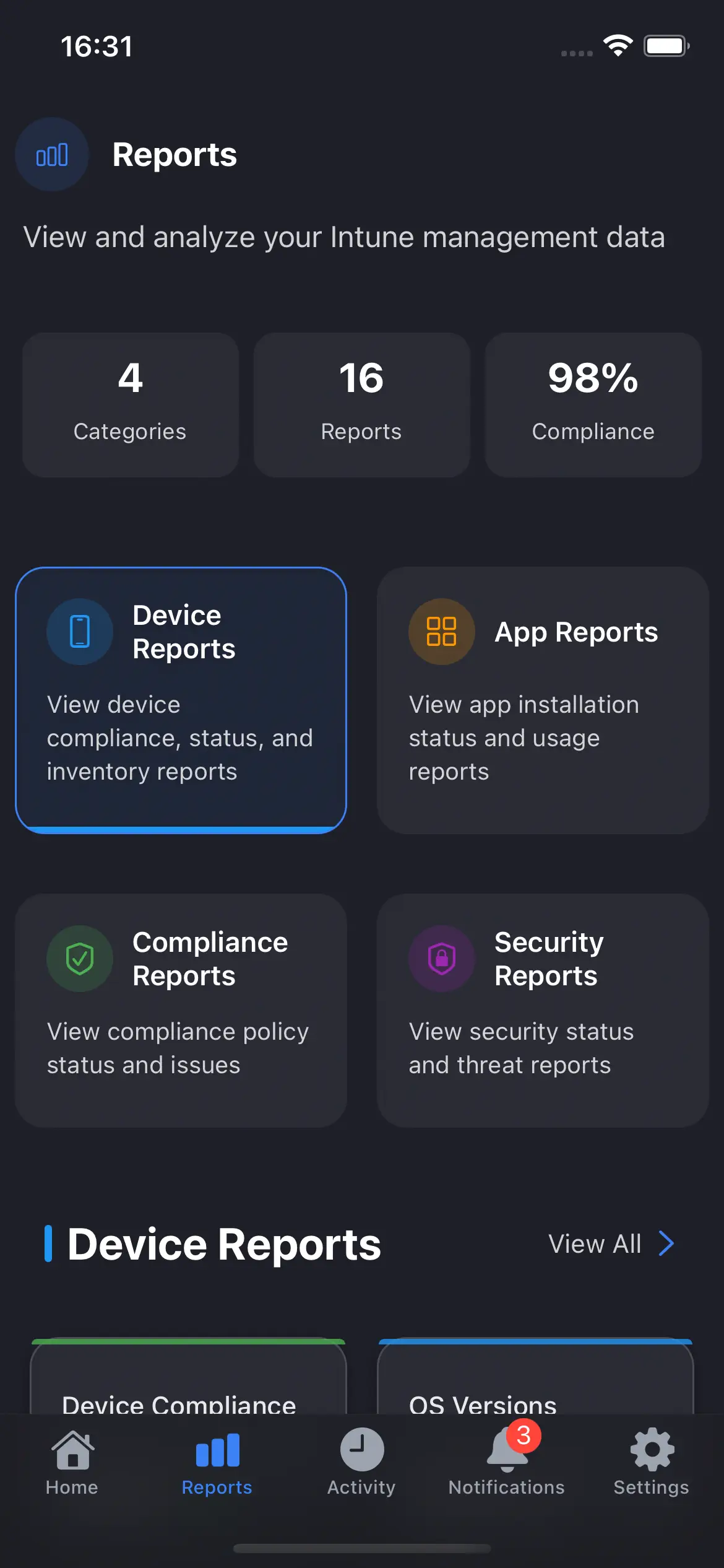 IntuneRemote Reports Screen